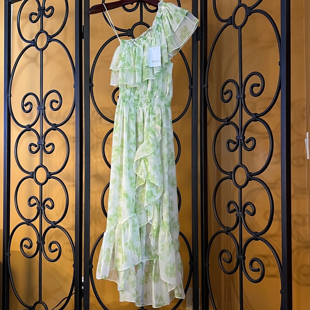 MISA Rumi Honey Dew Blossom One-Shoulder Green Floral Dress